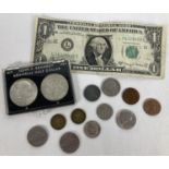 A small collection of assorted American coins & a bank note. To include Cased John F. Kennedy