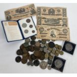 A collection of assorted antique & vintage coins and bank notes. To include: facsimile Confederate