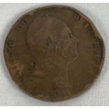 An 1831 William IV penny. In worn condition with stamped numbers to both sides.