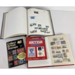 2 British stamp albums together with 2 Stanley Gibbons Collect British Stamps books. A red album
