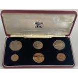 A Royal Mint cased proof set of 6 1971 Bailiwick Of Guernsey coins. Comprising: 50p, 10p, 5p, 2p, 1p