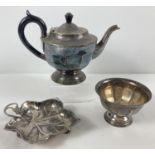 3 vintage silver plated items. A WMF bon bon dish in the form of a vine leaf. Raised on tripod