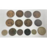 A small collection of antique coins in varying conditions. To include: Charles II copper Bawbee,