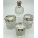 3 vintage & antique silver topped vanity pots together with a scent bottle, all fully hallmarked.