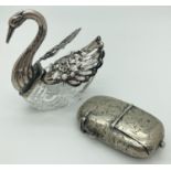 2 small vintage white metal items. A novelty glass salt/bonbonniere in the form of a swan with