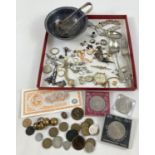 A tray of assorted misc items to include coins, jewellery, watch parts, cameos and silver plated