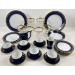 A collection of Romonov cobalt blue & gilt tea ware together with a set of 6 glass sundae glasses.