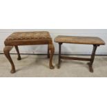 2 vintage oak stools. A dark wood refectory style stool with carved leg ends (approx. 41.5cm tall)