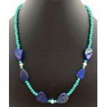 A lapis lazuli, turquoise and freswater pearl 18" beaded necklace with silver tone S shaped hook