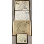 4 assorted vintage framed and glazed county maps. For Devonshire, Wiltshire, Worcestershire and