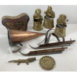 A box of assorted vintage metal ware. To include brass inlaid ice skates, a large copper funnel, a