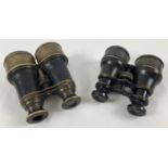 2 pairs of antique brass and leather bound binoculars to include a pair of John Browning