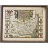 A mid century reproduction of a 17th century John Speed map of Suffolk. Framed & glazed, frame