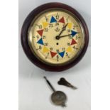 A wooden cased wall hanging fusee clock with bevel edged glass. Face marked with 12 hour, 24 hour