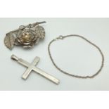 3 silver and white metal items of jewellery. A large cross pendant, fully hallmarked (approx. 5cm