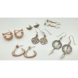 6 pairs of silver and white metal vintage and modern drop and hoop style earrings. To include half