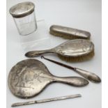 A matching 6 piece silver dressing table/vanity set with engraved bow & swag detail. Comprising:
