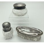 3 antique silver lidded, glass vanity pots, all fully hallmarked. A 5 sided cut glass bottle with