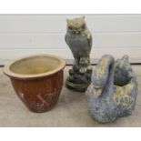 3 vintage garden pots and ornaments. A concrete owl figure, a concrete planter in the form of a swan