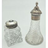 2 small silver topped cut glass pepperettes. A small square cut glass pepper with white guilloche