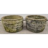 2 vintage concrete garden planters with brick effect design. Approx. 21cm tall x 32 diameter.