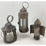 3 vintage metal portable glass panelled candle lanterns. Glass to 2 a/f. Tallest approx. 28cm