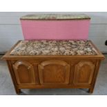 2 vintage large linen chests with hinged lift up lids. A mid century loom basket, painted pink
