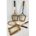 4 vintage wooden framed tennis rackets, 3 with press frames. Comprising: Dunlop - Gold Wing,