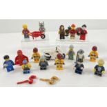 A collection of 16 assorted Lego minifigures and accessories. To include: wrestler, robot, mechanic,