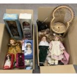 2 boxes of boxed and unboxed modern porcelain collectors dolls in varying styles and sizes. Together