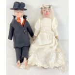 2 vintage painted wood cat dolls, dressed as a bride and groom. With soft bodies and wooden heads,