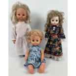 3 vintage vinyl dolls. A baby doll by Chiltern with closing eyes and blue floral dress, a Katie