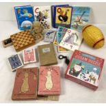 A box of assorted vintage and more modern toys and games. To include boxed 1940 'Pat the Bunny'