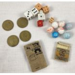 A small quantity of assorted vintage toys and gaming pieces. To include: miniature Players Navy