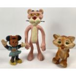 3 vintage rubber toys. A ginger cat, Minnie Mouse and poseable Pink Panther. Both cat and Minnie