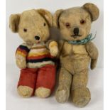 2 vintage teddy bears. A 15" jointed bear with worn blonde fur and orange plastic button eyes (