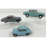 3 vintage Triang Spot-On playworn diecast vehicles, 1/42 scale, in blue colours. Comprising: