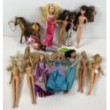 A box of assorted Barbie, Disney Princess & Bratz dolls. Together with 2 Bratz horses and a