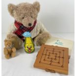 2 teddy bears together with 2 other vintage toys. A 2002 Harrods teddy bear with knitted jumper &