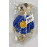 A 13" Steiff blonde mohair, fully jointed 'Summer 1997' teddy bear with growler. Blue fabric