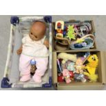 A quantity of assorted misc vintage toys to include life size doll & cot, Tomy Push'n go and
