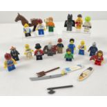 A tub of assorted Lego minifigures and accessories, to include 17 figures, horse, surboards and