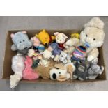 A large box of assorted vintage and modern soft toys and teddies. To include: Chad Valley, Keel