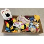 A large box of assorted soft toys to include: Crazy Frog, My Little Pony, Daffy Duck, Merrythought
