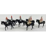 6 diecast figures of Mounted Life Guards. 3 with blue tunics, 3 with red tunics. Each approx. 9cm