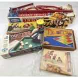A Mettoy Playthings Indian Shoot game (gun missing) together with a box of vintage games. Games to