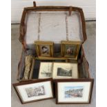 A vintage leather traveling trunk containing a collection of assorted pictures. To include etchings,