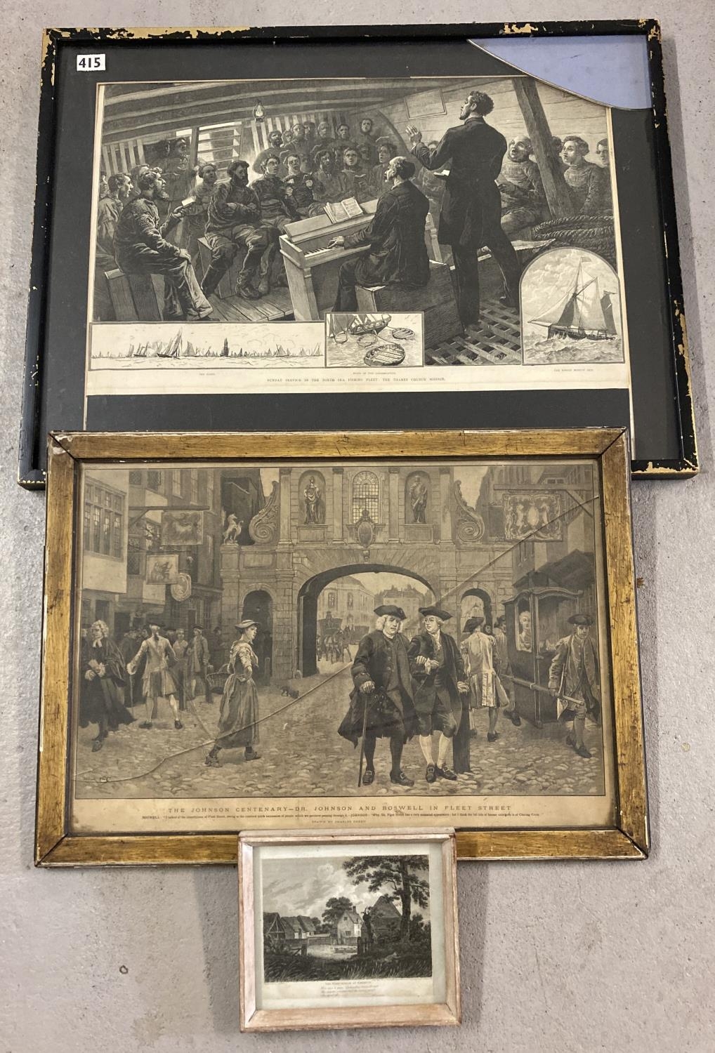 3 vintage framed and glazed engravings. Sunday Service in the North Sea Fishing Fleet: The Thames