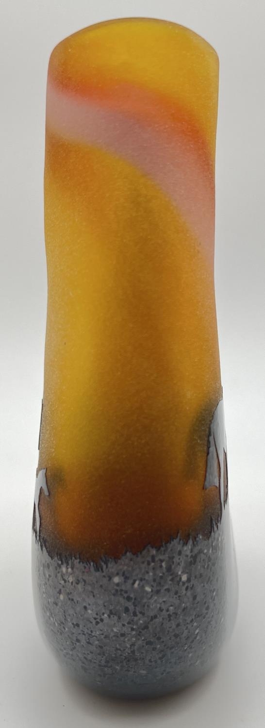 An Ed Burke, E & M studio glass Country Scene vase in orange colours featuring horses. Approx. 16. - Image 3 of 5