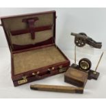 A collection of assorted misc wood items together with a vintage cognac leather briefcase. Lot